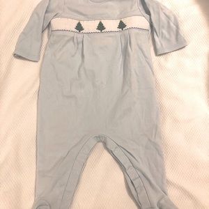 Petit Bebe Christmas tree blue smocked footie 12 months